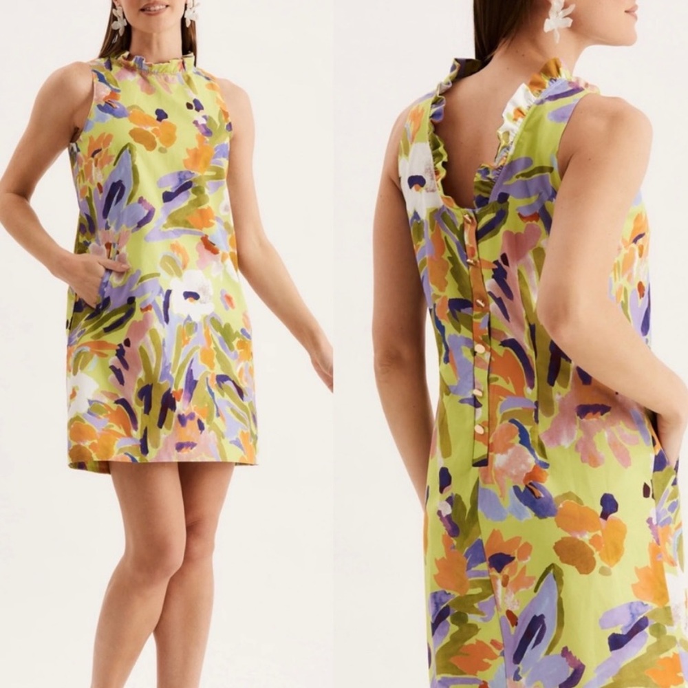 Tyler Boe Ella Linen Blend Chartreuse Print Shift Dress SZ XL NWT